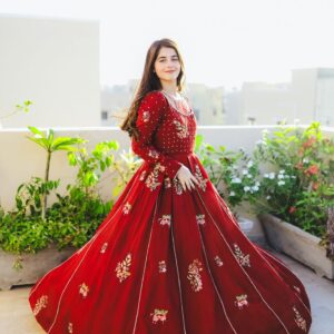 Crimson Floral Embroidered Anarkali Ball Gown