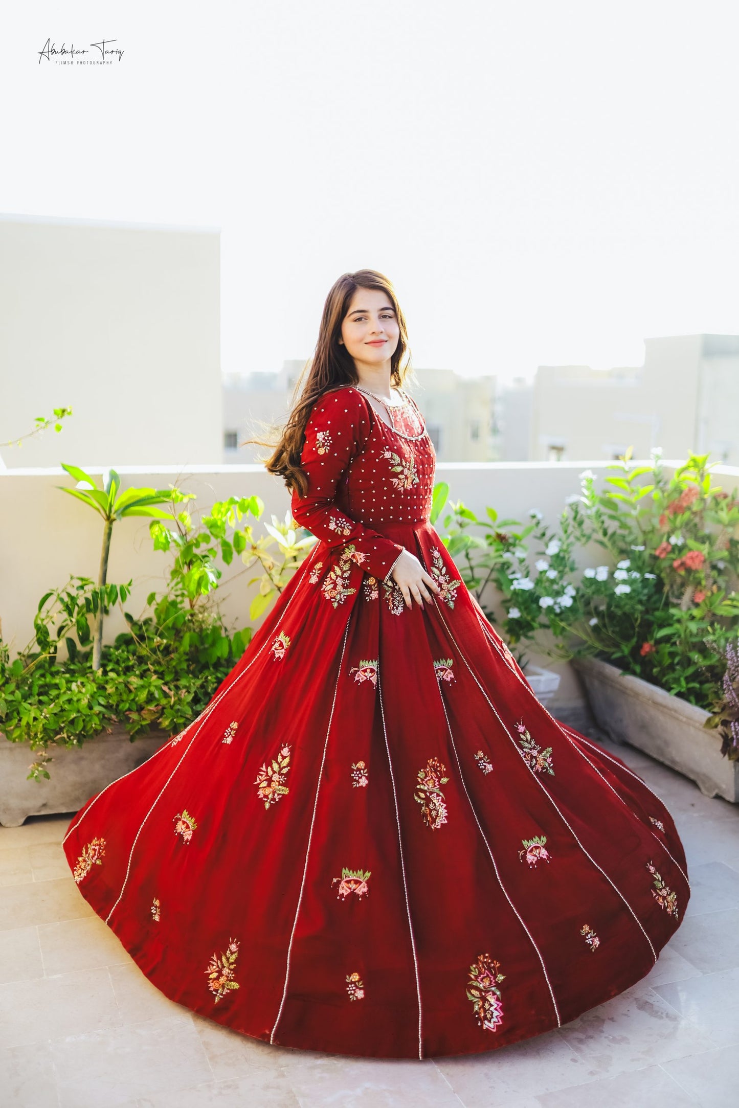 Crimson Floral Embroidered Anarkali Ball Gown