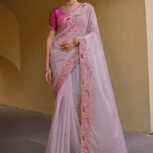 Lavender Organza Embroidered & Sequin Saree with Magenta Blouse