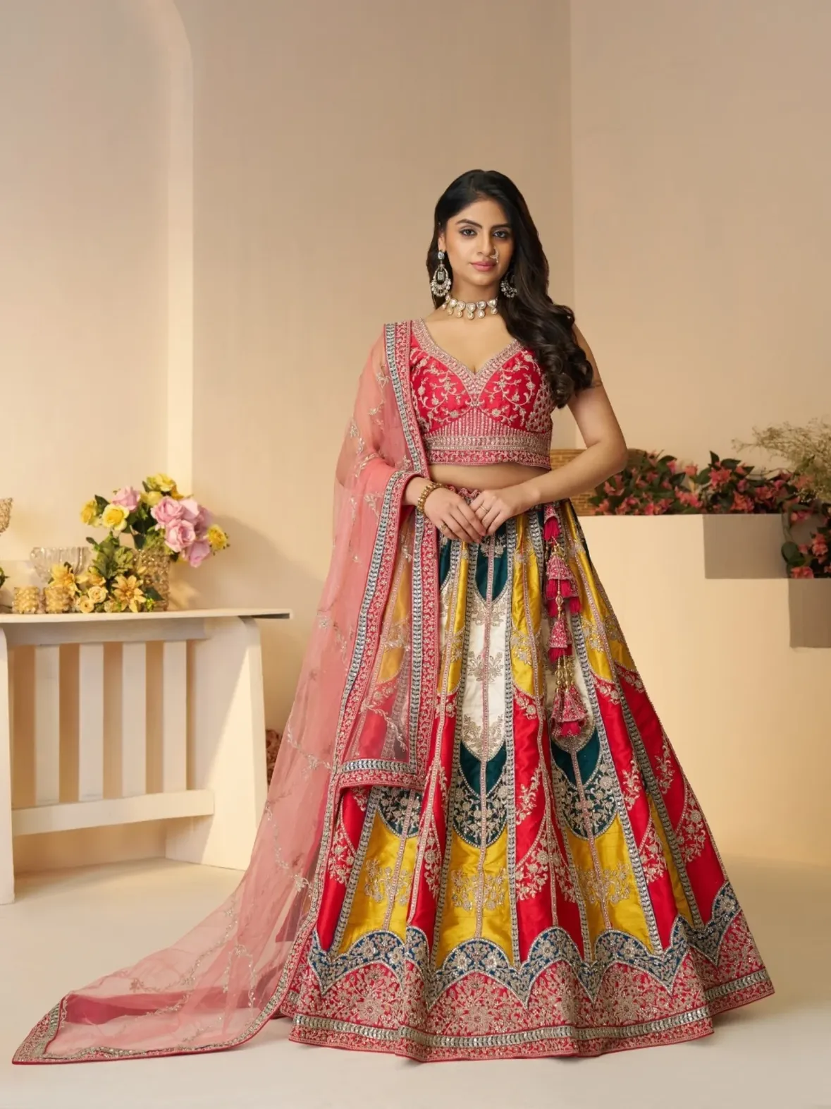 Multicolour Embroidered Bridal Lehenga Choli Set