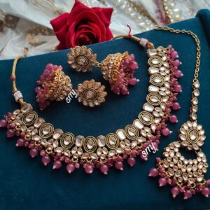 Kundan Choker Necklace Set with Pink Bead Jhumkas & Maang Tikka